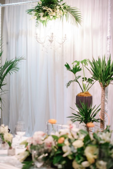 Photobooth backdrop with tropical plants and clear glass chandelier at Calyx Floral Design Grand Opening