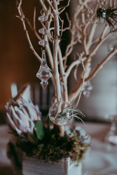 clear hanging crystals and clear globes with tillandsia air plants and sandblasted manzanita in whitewashed wooden box with a pale pink king protea and moss