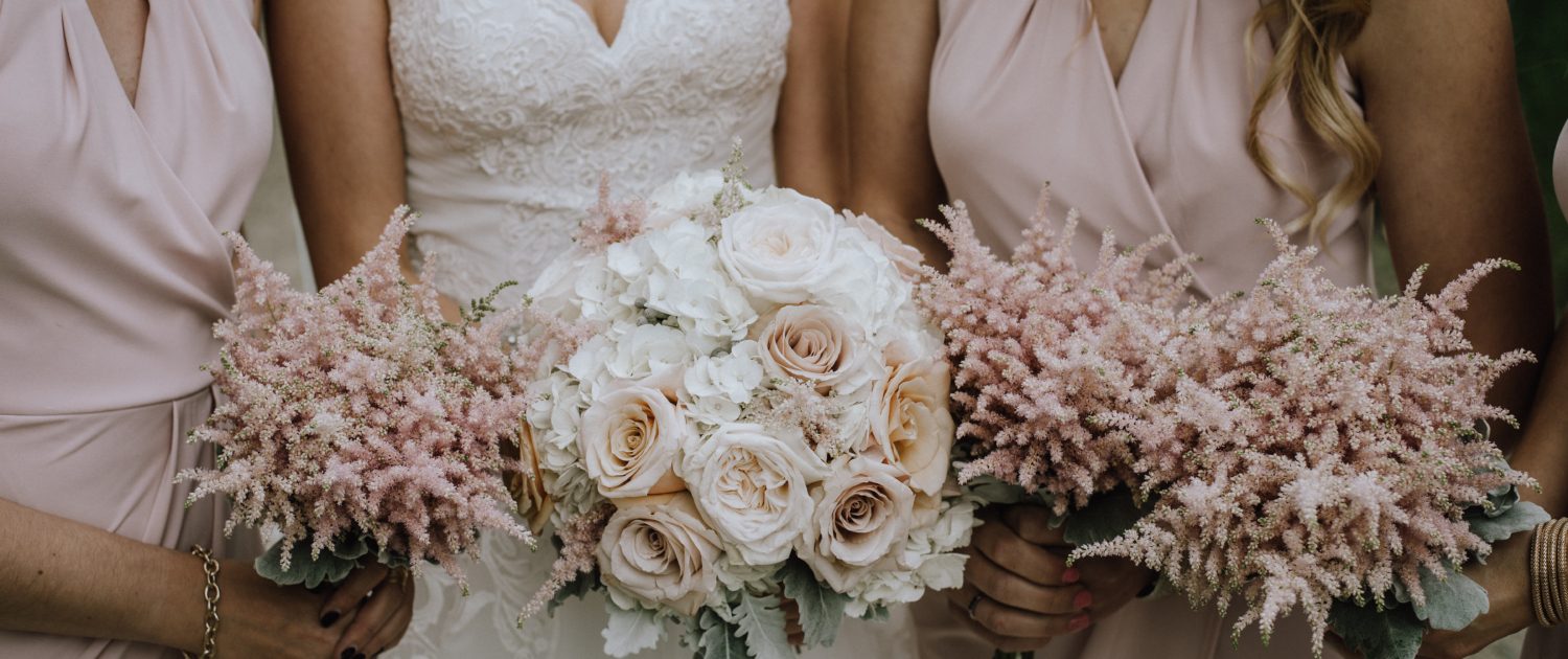 bride in strapless wedding dress holding a bouquet of whte hydrangea and blush roses and dusty miller and bridesmaids in blush holding pale pink astilbe bouquets