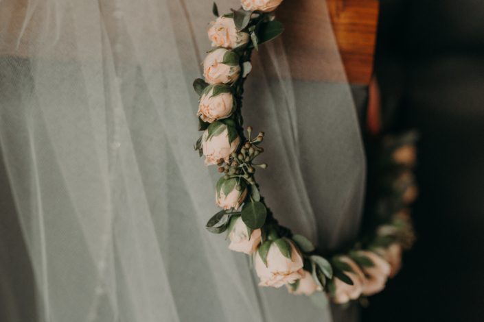 Pink spray rose bridal floral crown with eucalyptus accents