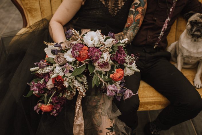 alternative bride in black dress sitting on a sofa with groom in suspenders and a pug and a bouquet with red ranunculus and white lisianthus and purple clematis and white pieris and amnesia roses and purple stock