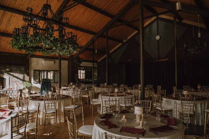 Canyon ski resort decorated for a wedding with fresh greenery garland chandelier decor