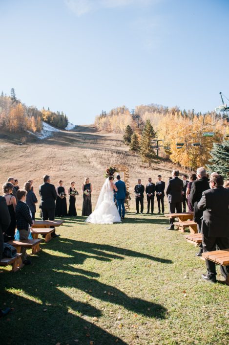 Canyon ski resort wedding with blue skies