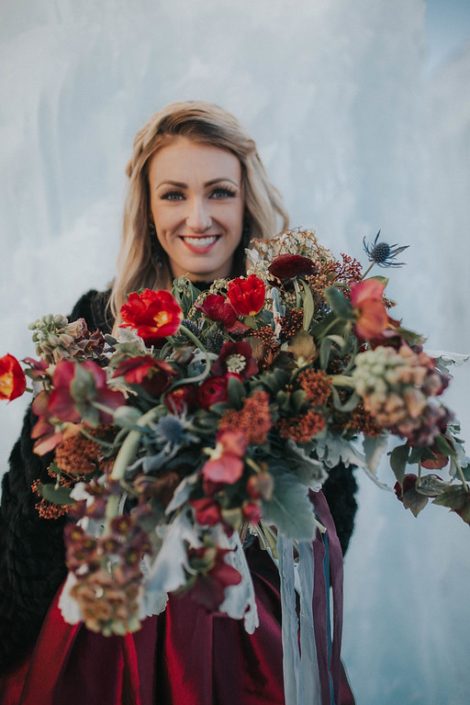 Engagement Photos with bouquet made with frittilaria, tulips and skimmia