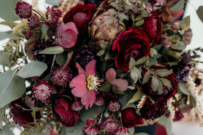close up photo of bridal bouquet designed with burgundy ranunculus, artichokes, helleborus , astrantia and plum scabiosa