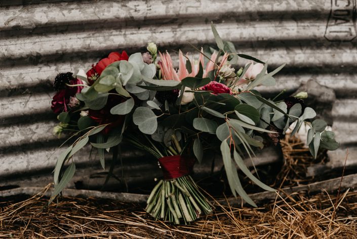 Rustic Boho Chic Wedding - Bridal bouquet made of king protea, red peonies, pink roses, plum scabiosa, panda anenome, and eucalyptus greenery tied with red ribbon.