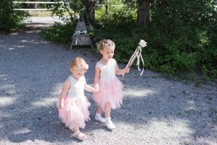 Flower girls carrying a white o'hara garden rose with pale pink trailing ribbon for Amy and Kerry's Pink and Blue Canmore Wedding.