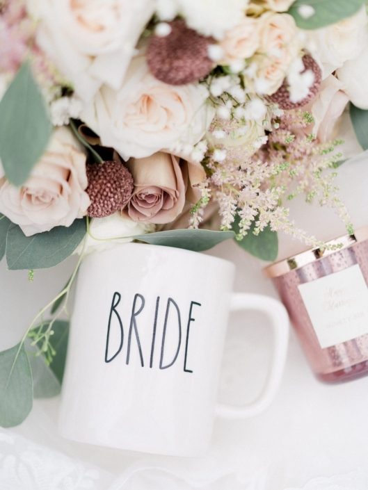 Bride's dusty rose and blush bouquet with "bride" mug and candle.