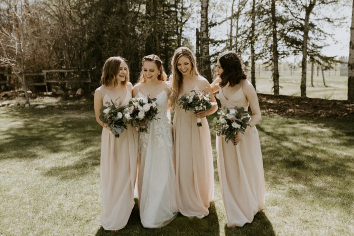 Rustic Elegance Wedding - Flowy blush bridesmaid dresses; lacey white bridal gown and blush, white and burgundy bouquets