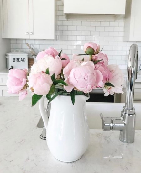 Peony hand tied bouquet in white vase