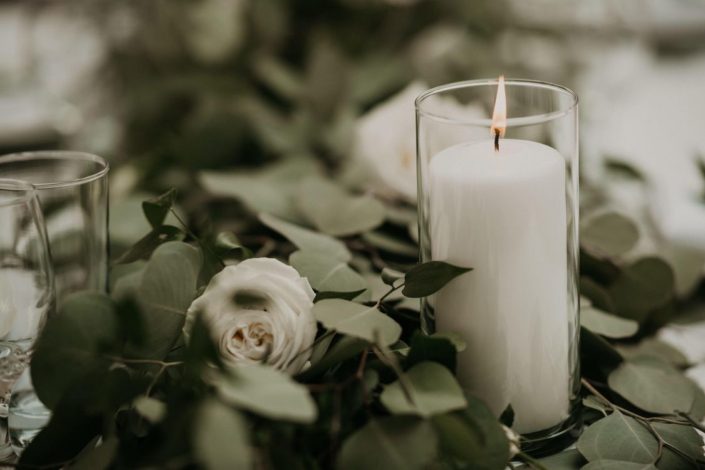 lush green and white candle centerpiece