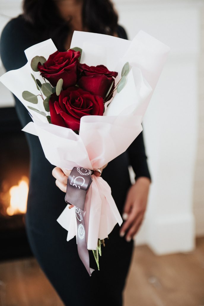 Princess of Hearts from our Valentine's Collection is a mini bouquet of 3 roses in red, pink or peach accented with greens and beautiful Korean wrap, perfect for the little princess in your life.