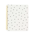 A spiral bound notebook in cream with black polk a dots