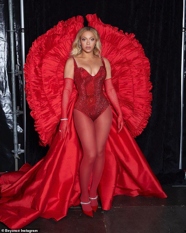 Beyonce in a red Atelier Zuhra outfit for her Renaissance Tour, which served as an inspiration for our floral mannequin