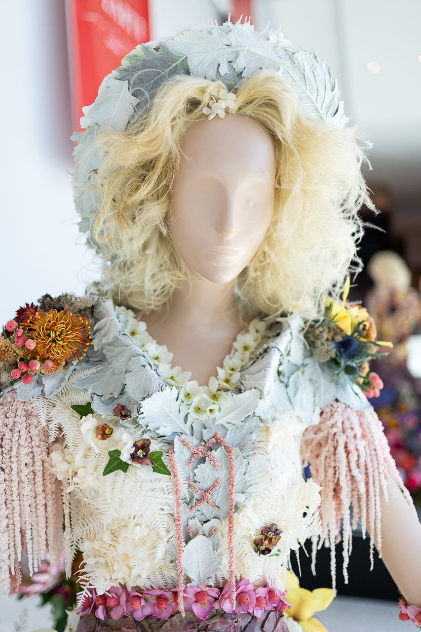 A close up of Dale Evans, with very realistic looking hair and a really well done floral bodice.