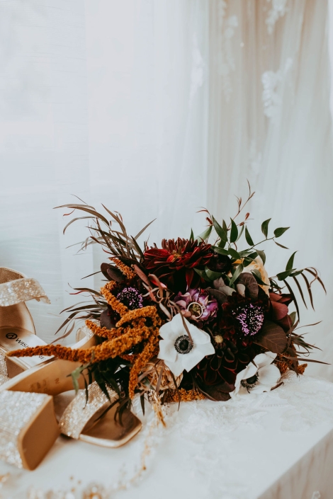 Haley's beautiful dark toned bridal bouquet featuring amaranthus, dahlias, scabiosa, anemone, roses, lisianthus and ranunculus.