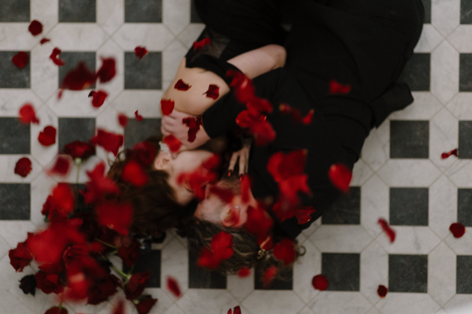 Dracula and his bride lay embracing on the tiled floor, barely visible behind red rose petals raining down on them.