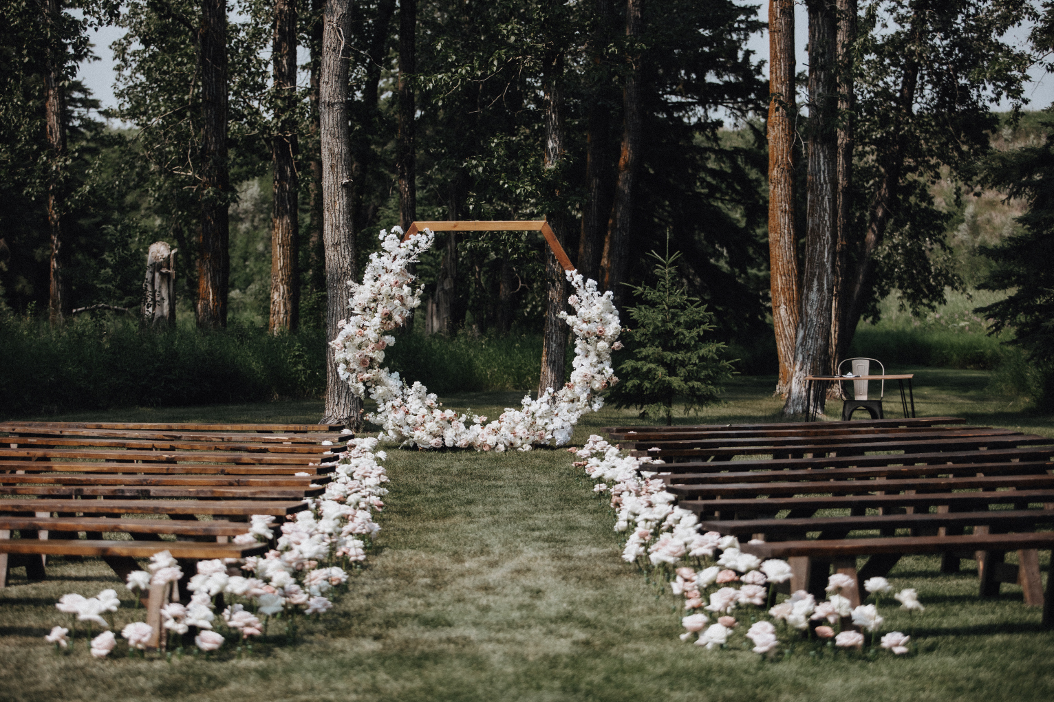 Kristin + Chris' wedding ceremony at 52 North, with hundreds of roses lining the aisle, and a large hexagonal arch, mostly covered in an assortment of beautiful white and blush flowers.