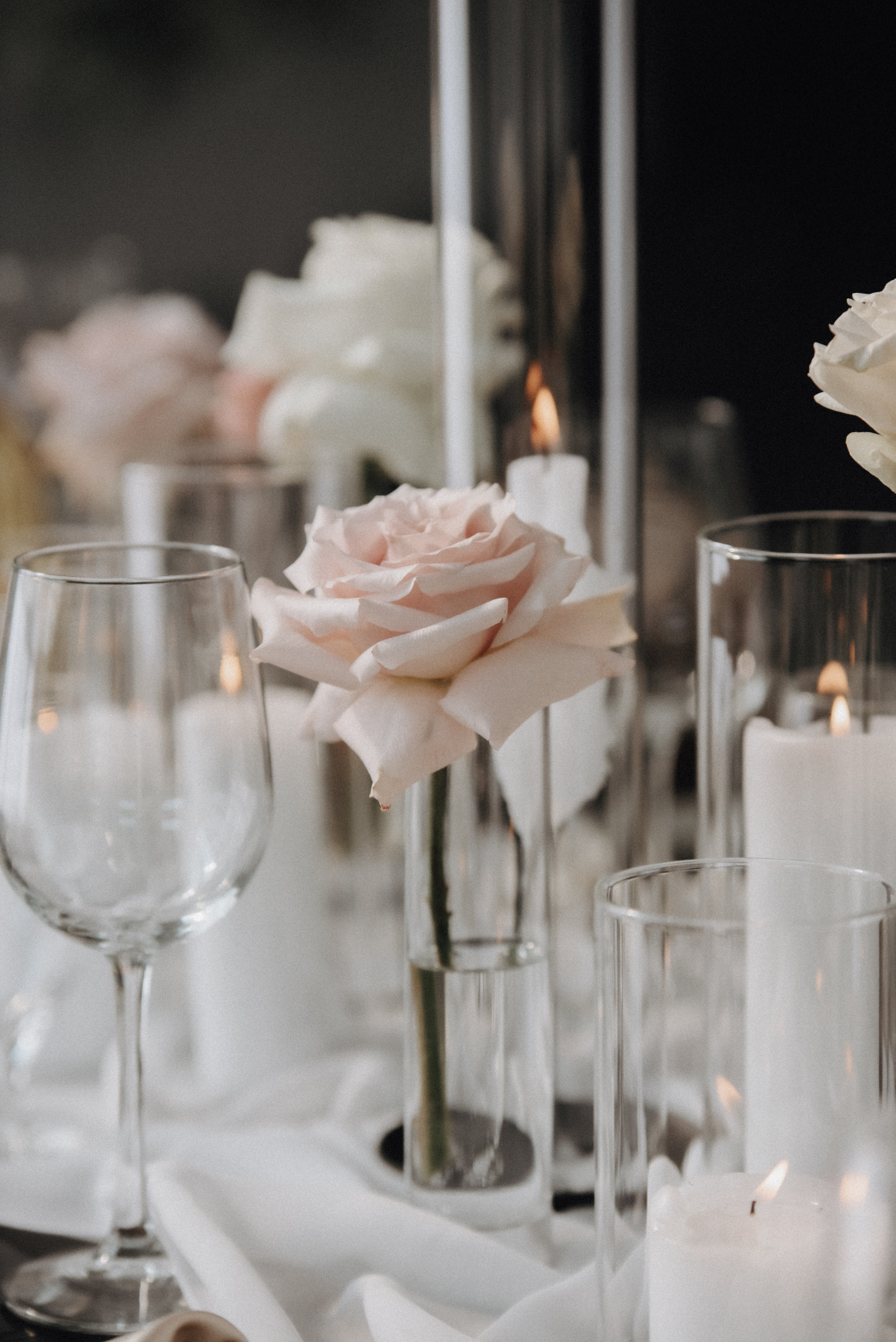 A PERFECT blush rose, fully open with layers upon layers of soft petals in one of the budvases.