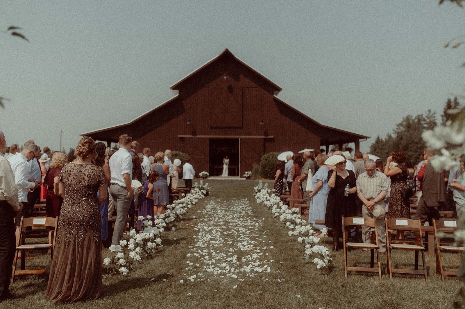 The guests all turn to watch the bride entering the outdoor ceremony space from the barn.