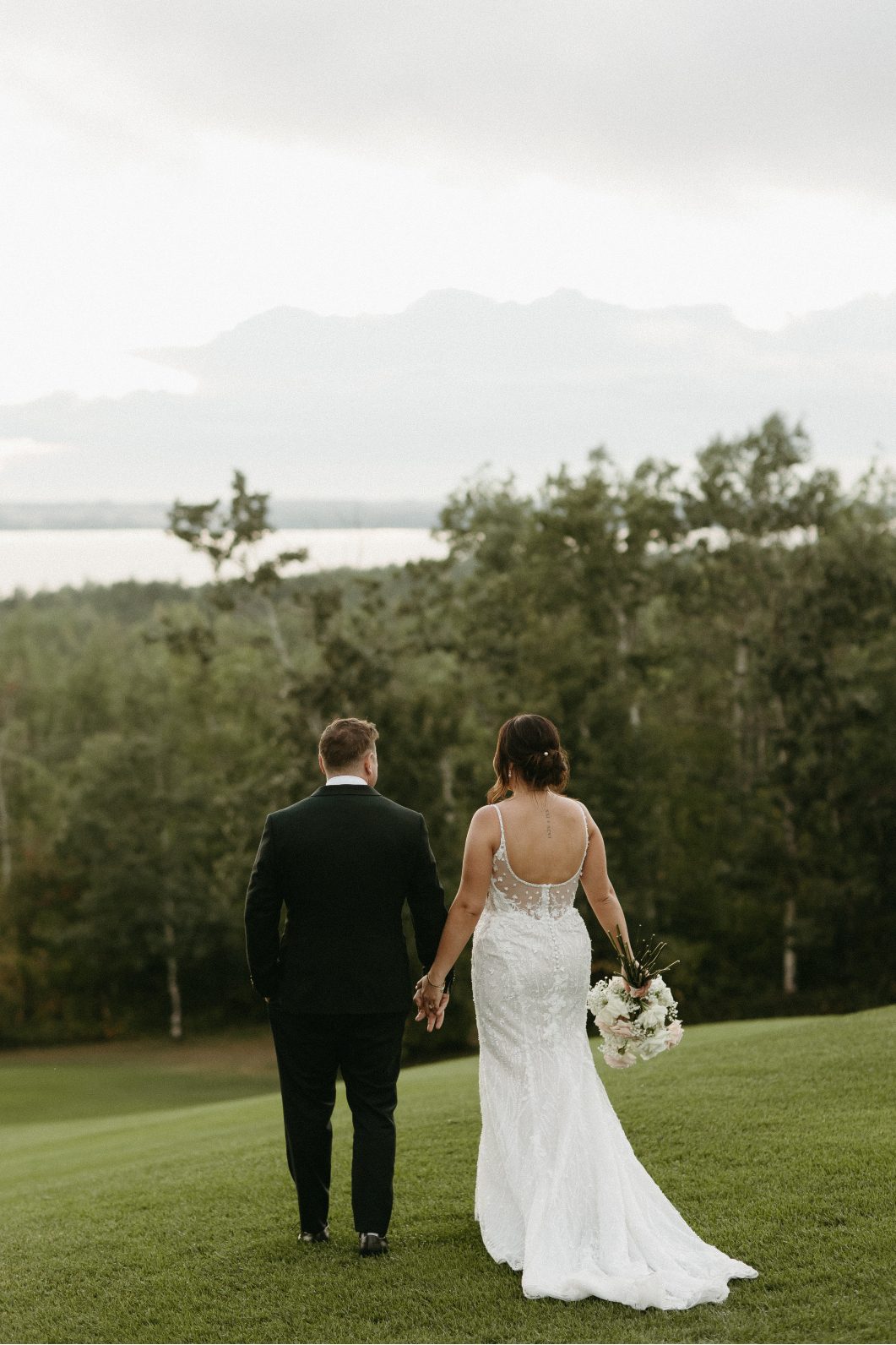 Bride and groom hold hands walking away from the camera on a grassy hilltop, overlooking a scenic treeline and lake under a soft sky.