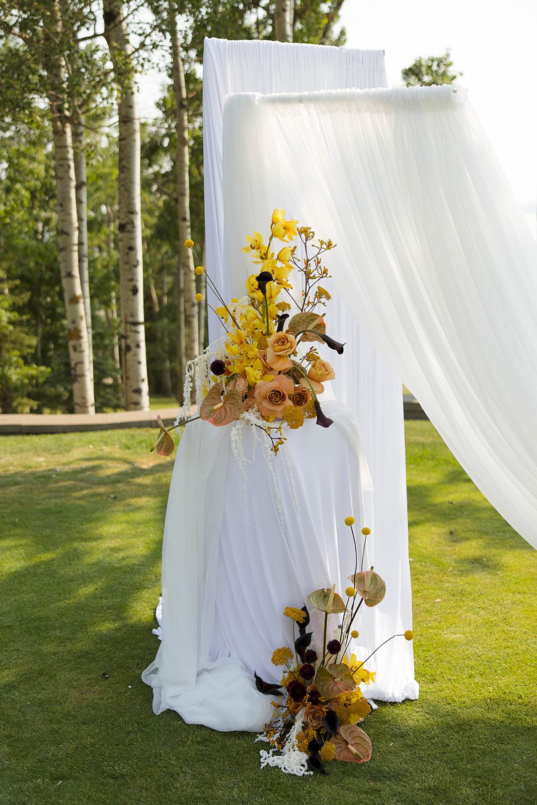 On of the stunning floral arrangements at the ceremony featuring yellow cymbidium orchids, kangaroo paw, rises, dried yarrow, amaranthus, calla lilies, ranunculus, carnations and anthurium.