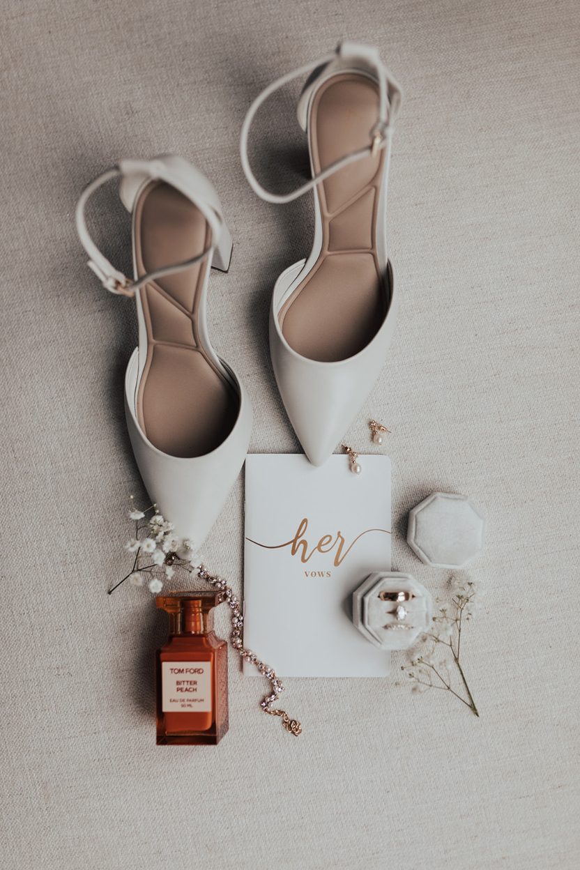 Bridal Flatlay Flatlay of bridal details including white heels, vow booklet, Tom Ford bitter peach perfume, jewellery, ring box and sprigs of baby's breath.