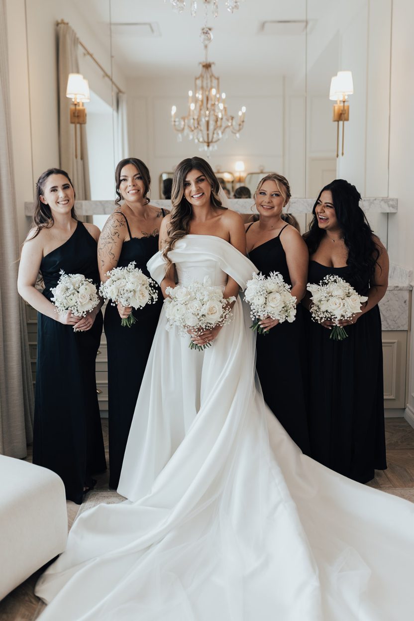 Bridal Party Getting Ready Bride standing with her bridesmaids indoors, all holding white bouquets. The bridesmaids wear black dresses and the bride wears a satin draped off the shoulder gown.