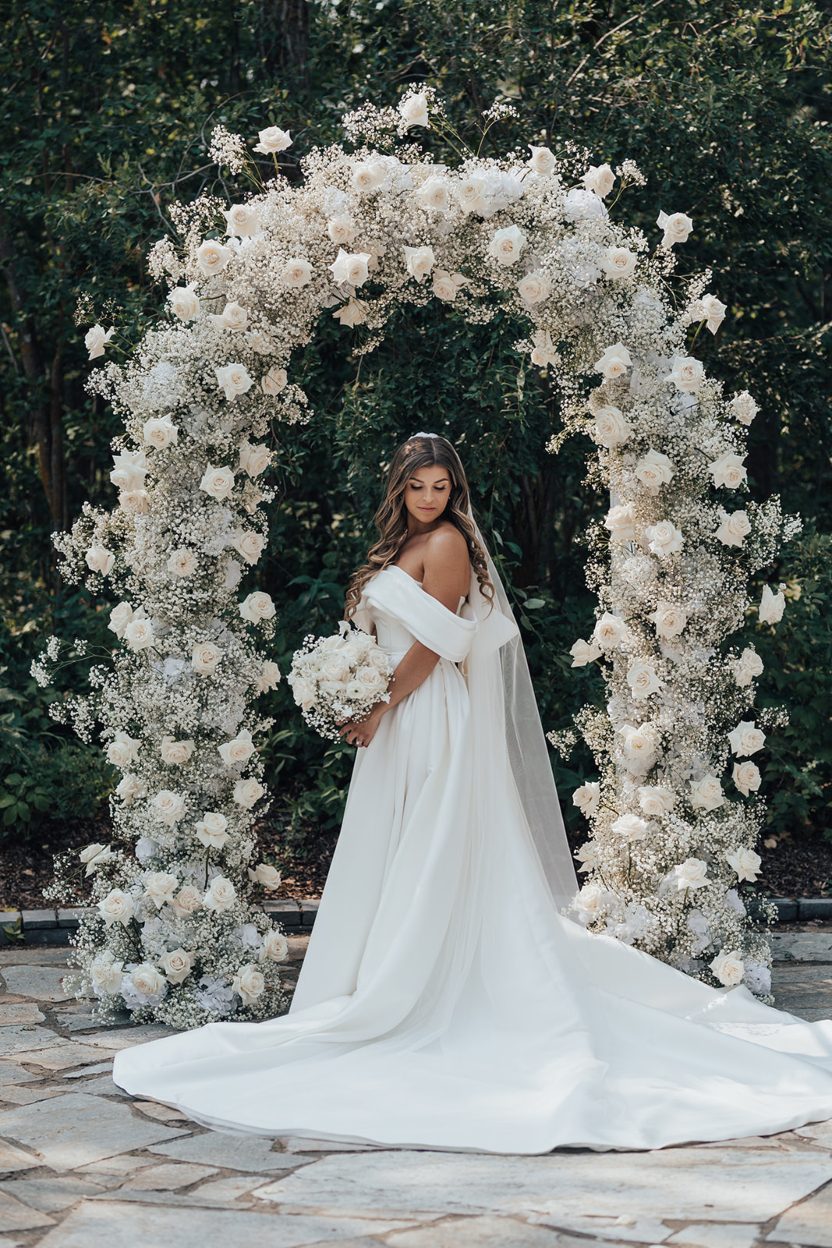 Bride Under Arch Bride posing beneath a lush floral arch of white roses and baby's breath, wearing an off the shoulder gown with a long train flowing out behind her.