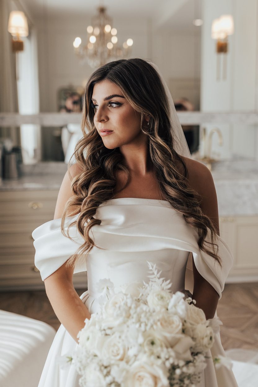 Calyx Bride Close up portrait of the bride indoors, showing her soft curls, stunning gown and white bouquet with a chandelier glowing in the background.