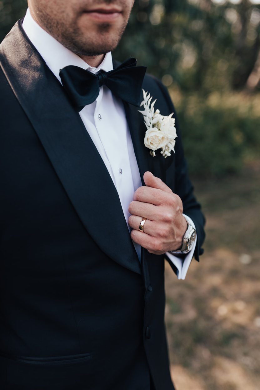 Grooms Boutonniere Close up of the groom's tuxedo lapel, white boutonniere, black bow tie and wedding band as he adjusts his jacket.