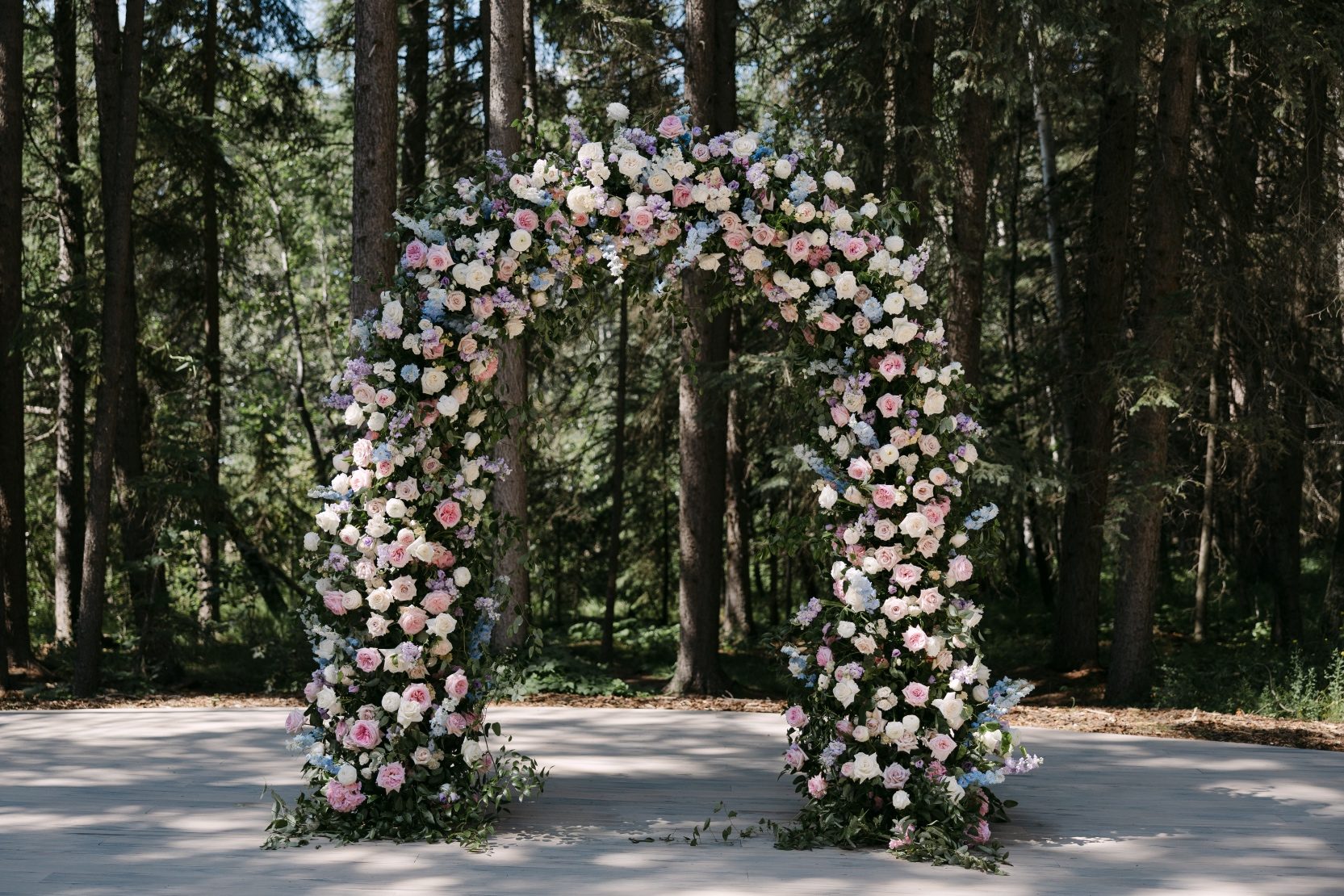 The solid floral arch at the alter for the ceremony, over 6ft tall, full of lush greens, an abundance of roses, delphinium, stock, lisianthus and ranunculus.