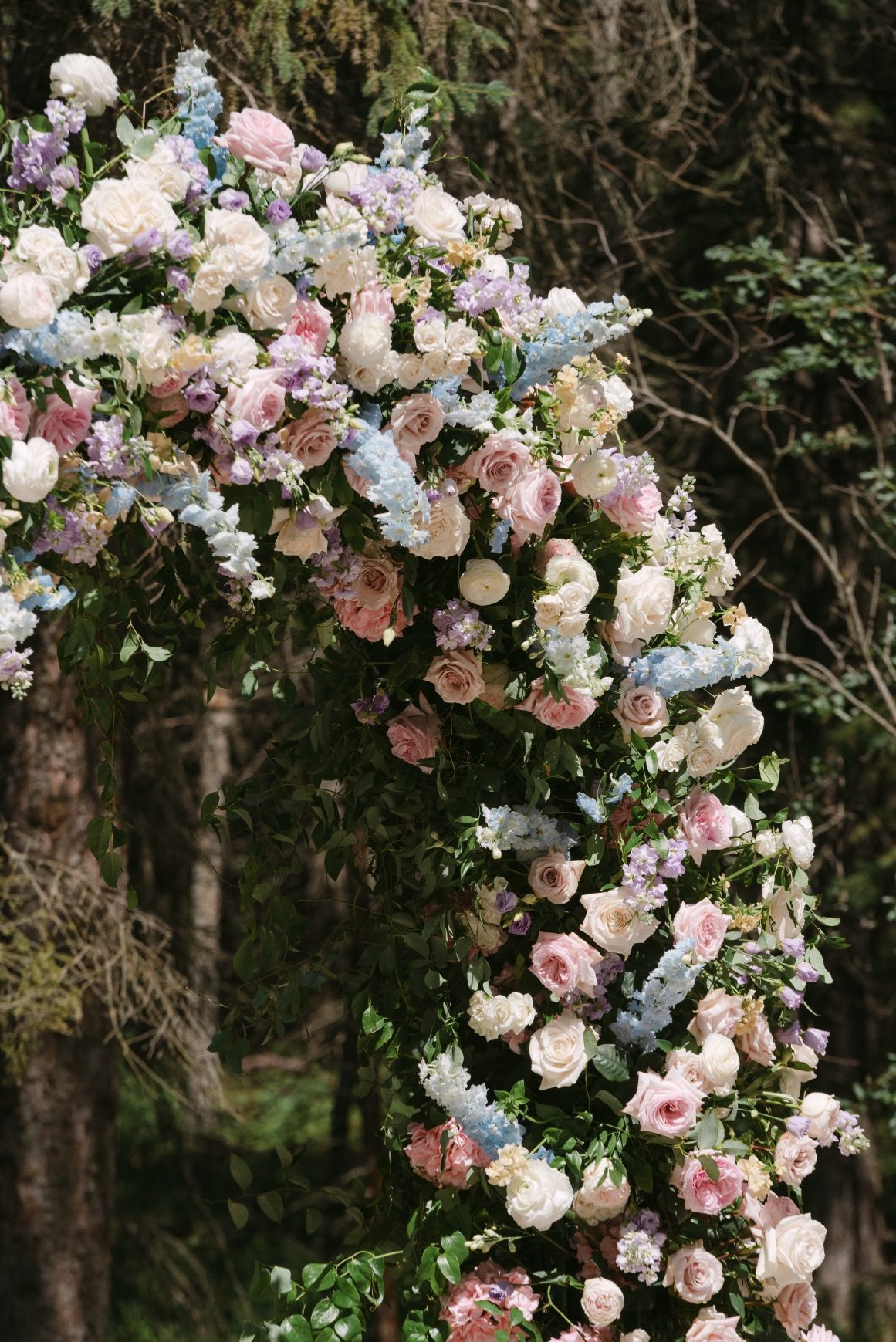 The magnificent floral arch with the sun shining on the pretty pastel blooms.