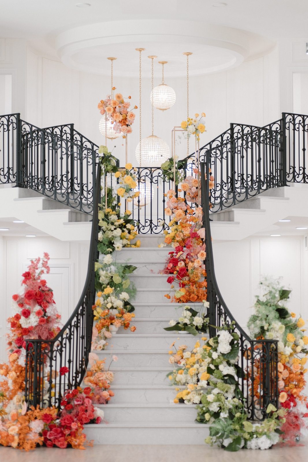 Colorbocked staircase florals in bright citrus tones of green, orange, yellow, pink and coral