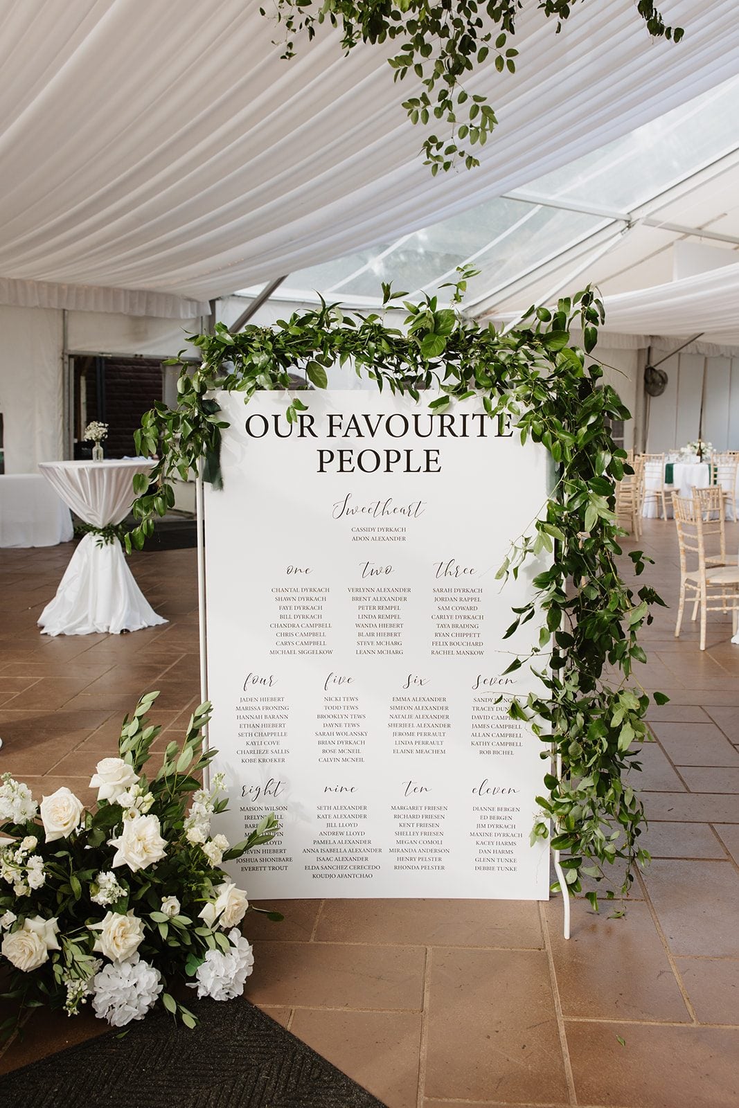 Cassidy + Adon Seating chart for a green and white wedding at Hilltop Wedding centre, adorned with a fresh green garland.
