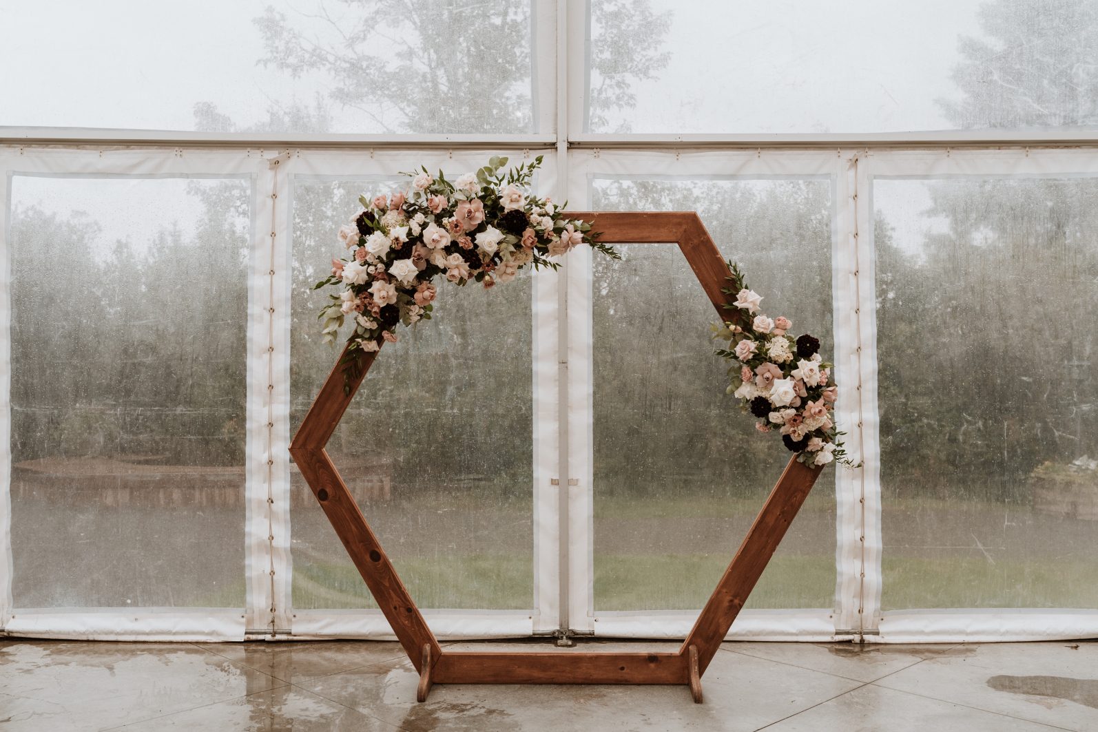 Hexagonal Arch with Ivory Blush Burgundy Floral Accents