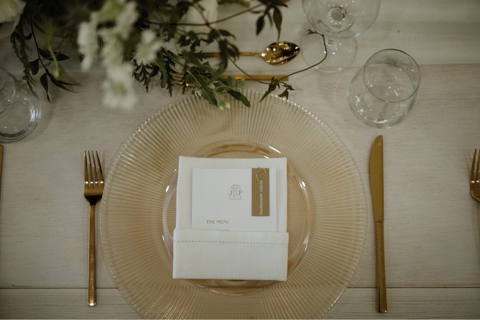 White + Green Wedding Place Setting Beautifully styled place settings for this white and green wedding at Archway Manor.