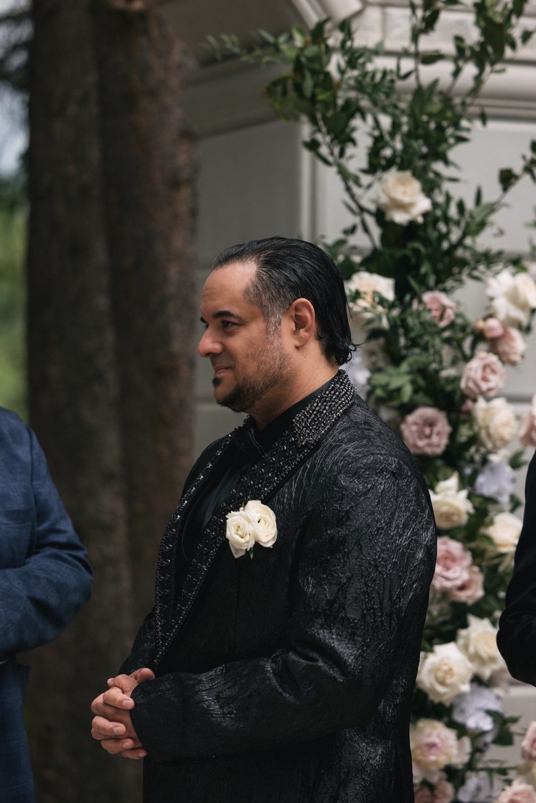 Groom During Ceremony at Champagne and Blush Wedding