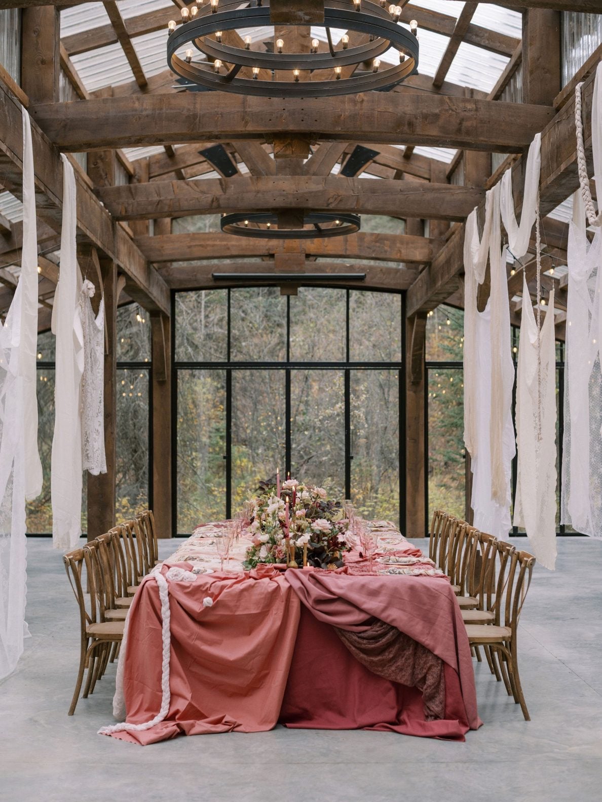 Justine Milton True to Hue Tablescape at The Valley Gorgeous reception space at The Valley with tons of glass, exposed dark timber, complementing the rich marsala tones of the table scape for this True to Hue photoshoot.