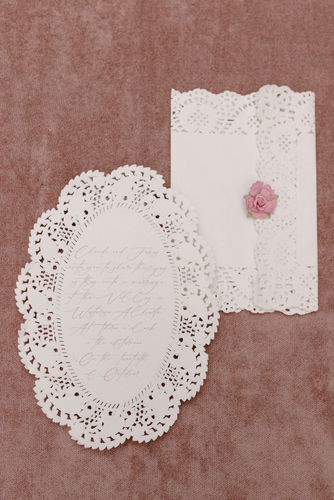 Nikki Collette Marsala Stationery Lace detailed stationery displayed on blush velvet at this Marsala True to Hue photoshoot.