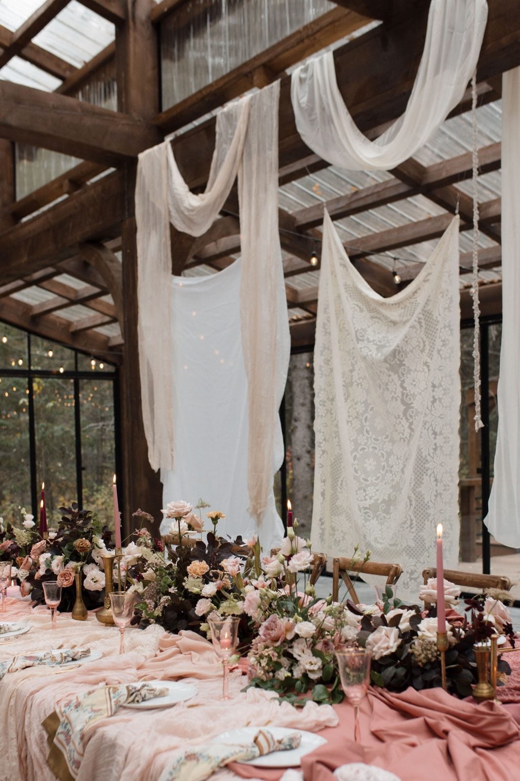 Nikki Collette True to Hue Decor Lace and gauzy fabrics draping from the ceiling to capture the bohemian look at the reception for this True to Hue photoshoot.