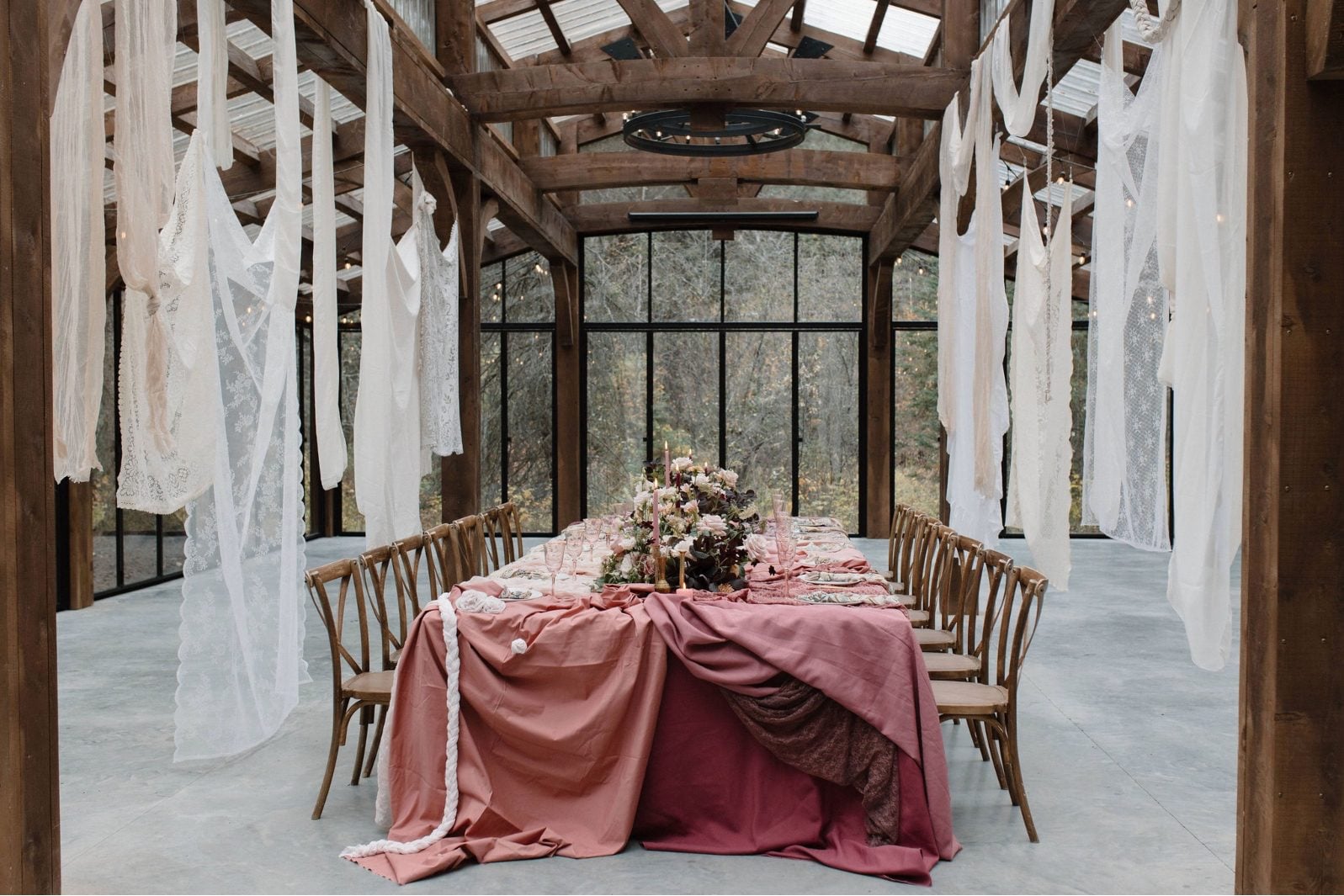 Nikki Collette True to Hue Reception Table Marsala inspired table scape framed with breezy suspended fabric creating a romantic European vibe for this True to Hue photoshoot.