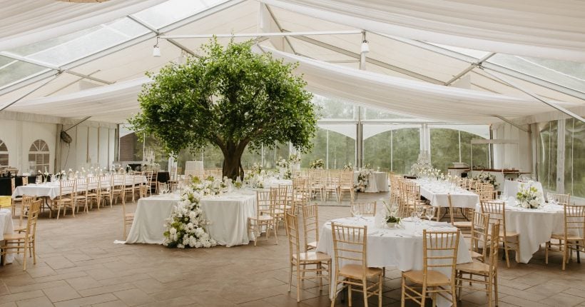White and Green Wedding Reception_FT Stunning reception set up at Hilltop Wedding Center featuring white and green wedding flowers, 3 different style centrepieces and a large focal table with floral waterfalls.