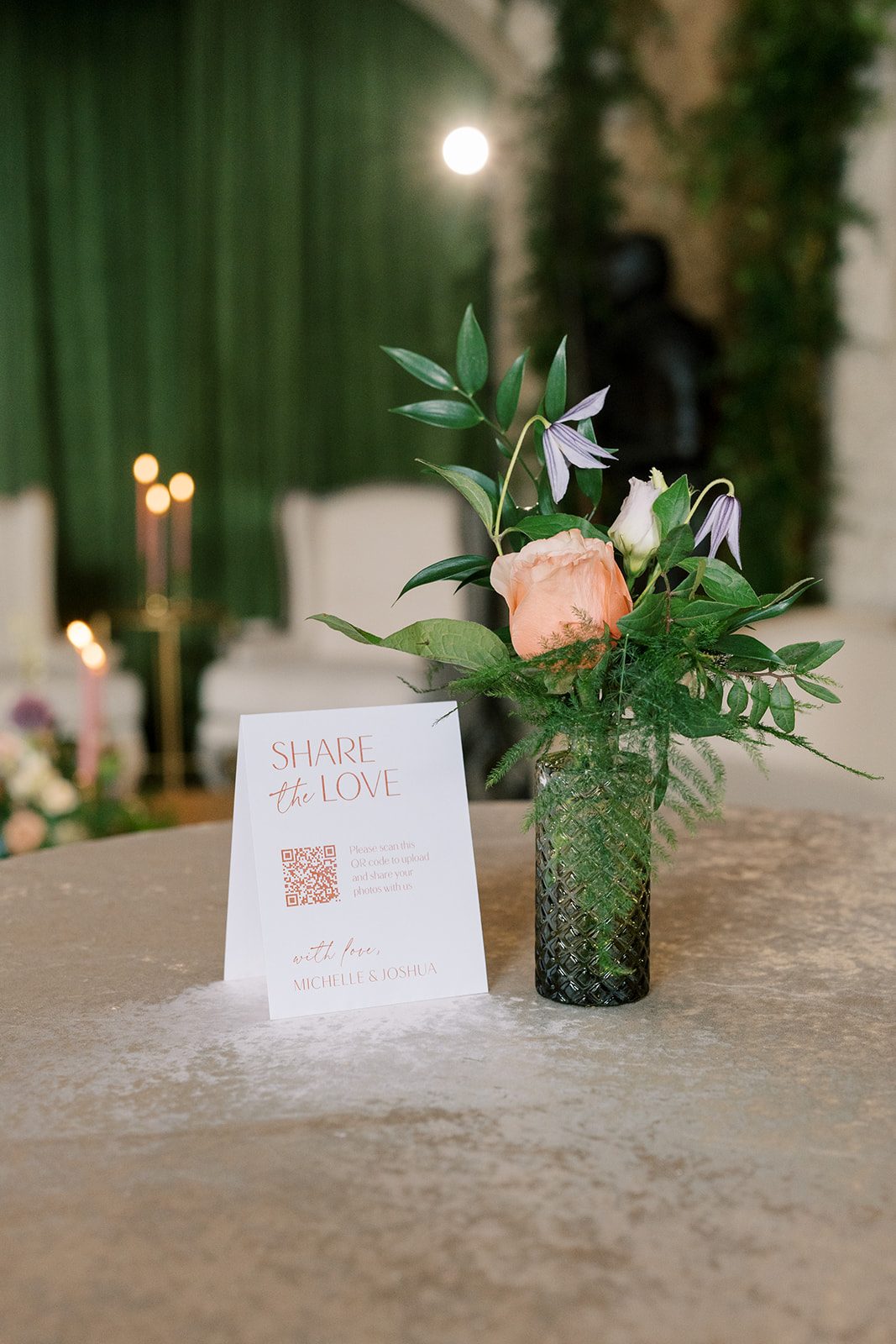 Lottie Garden inspired bud vase with a peach rose, lavender clematis and delicate greenery at a Fairmont Banff Springs wedding.