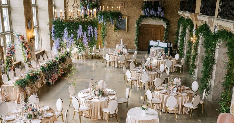 Michelle + Josh Banff Fairmont Garden Inspired Reception Garden inspired reception set up in Mount Stephen Hall at the Banff Fairmont.