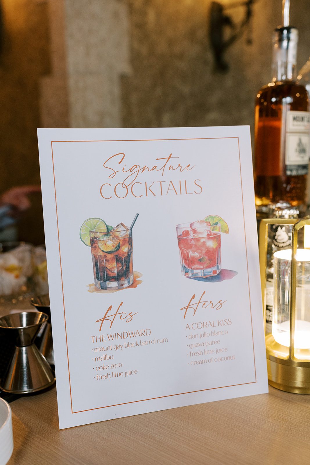 Lottie Illustrated wedding signature cocktail menu featuring two custom drinks.