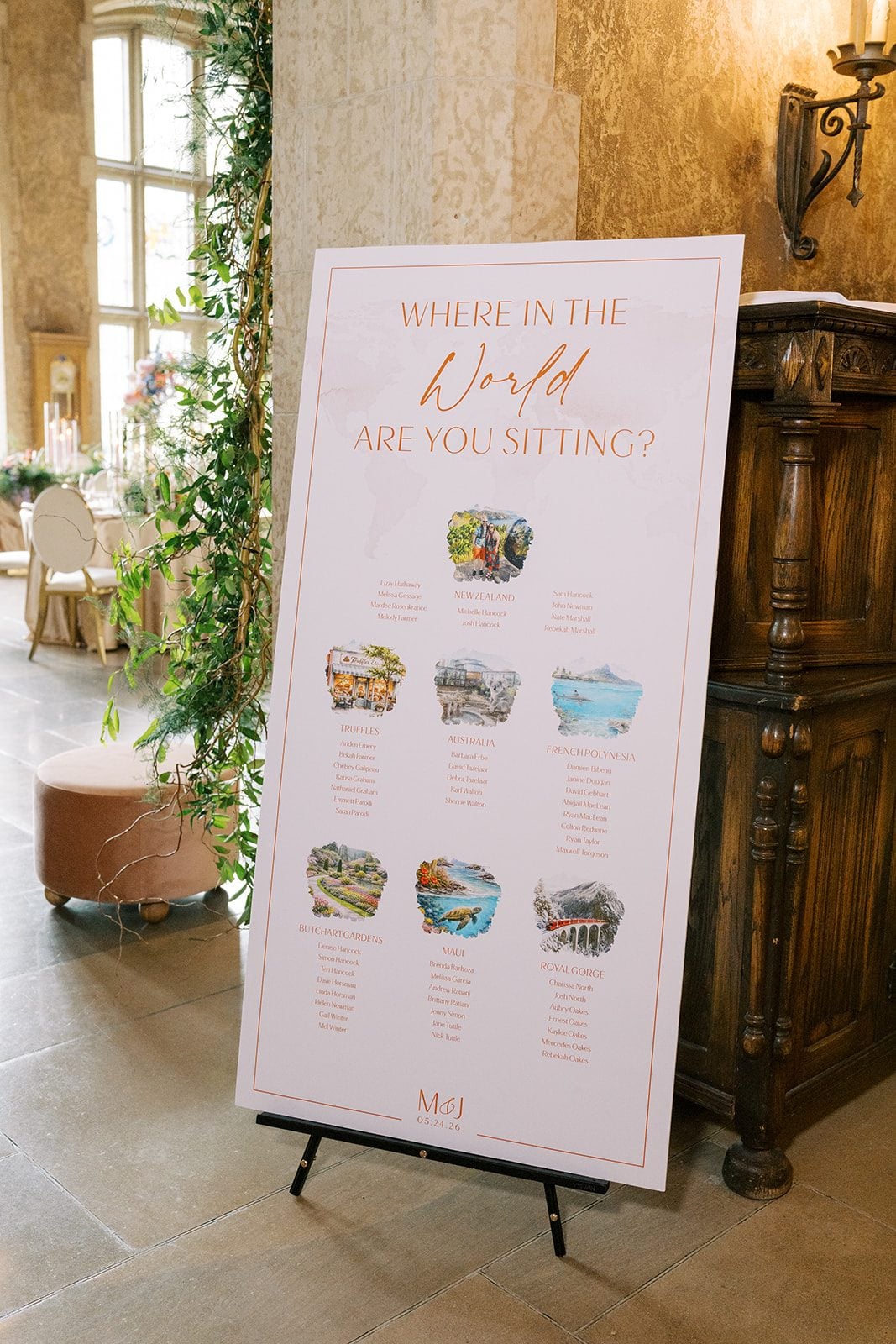 Lottie Travel inspired wedding seating chart featuring illustrated destinations for each guest table.